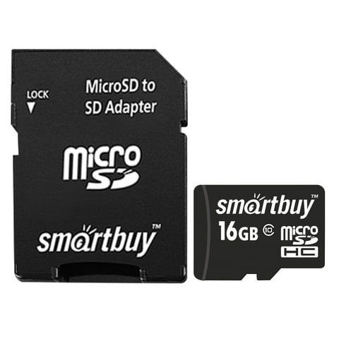 Карта памяти micro SDHC, 16 GB, SMARTBUY, 10 Мб/сек. (class 10), с адаптеро